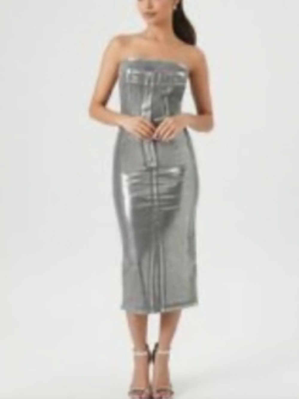 Forever 21 Silver Strapless Midi Dress Size M